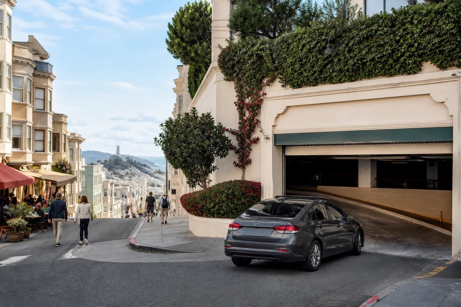 Car entering a parking garage on a sunny North Beach street
